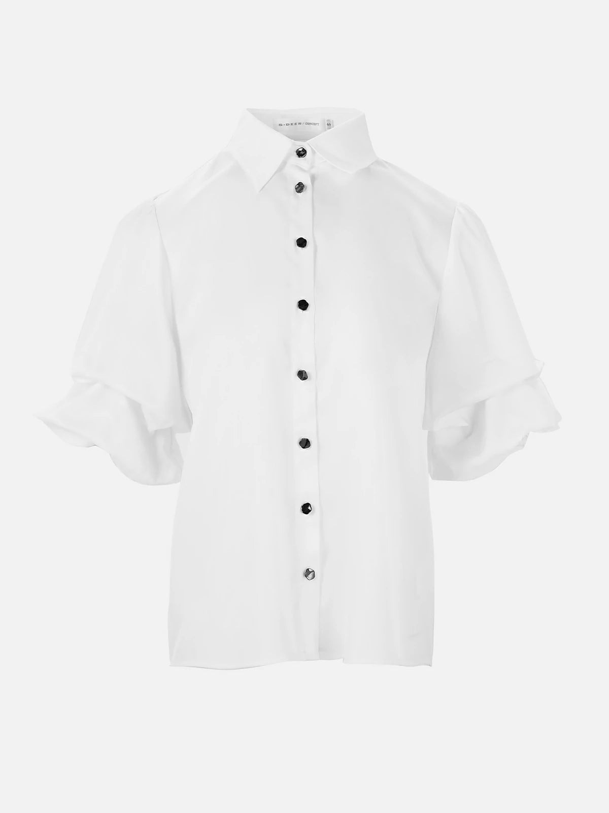 Women's white button-up blouse with puff sleeves and classic collar