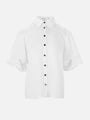 Women's white button-up blouse with puff sleeves and classic collar