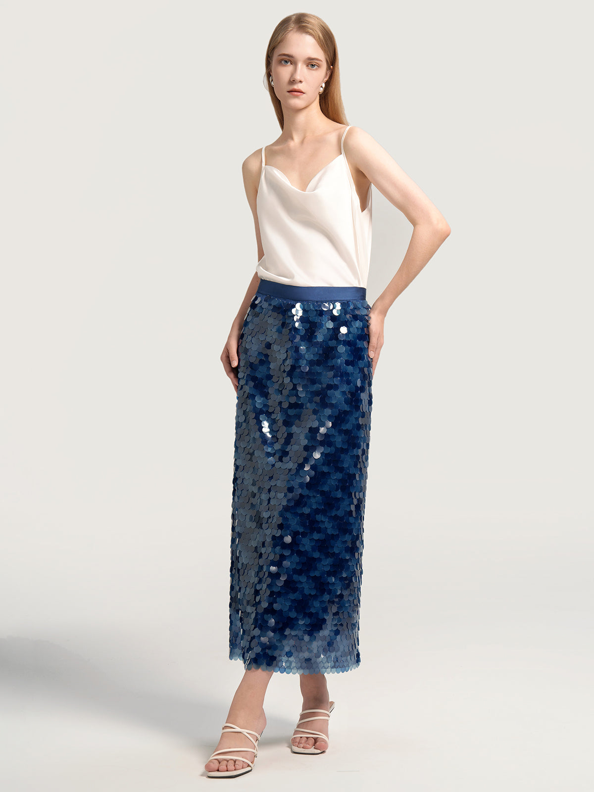 Sky blue sequin midi skirt,chic and stylish