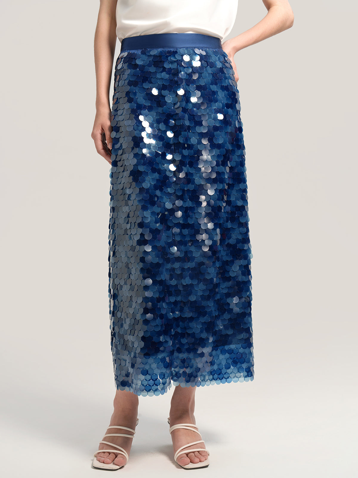 Sky blue sequin midi skirt