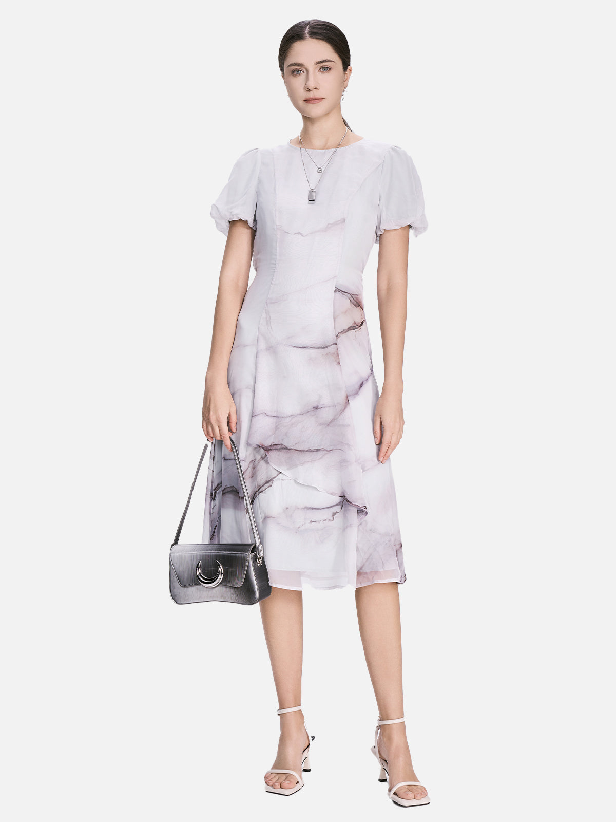 Print Bubble Sleeves Midi Dress