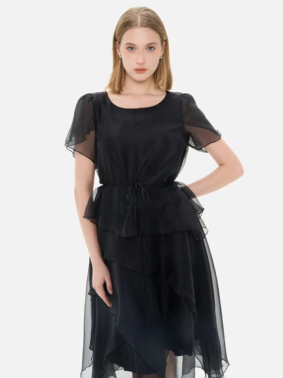 S·DEER black layered chiffon dress with sheer flutter sleeves, asymmetrical hem, and a waist tie, perfect for evening events and elegant gatherings