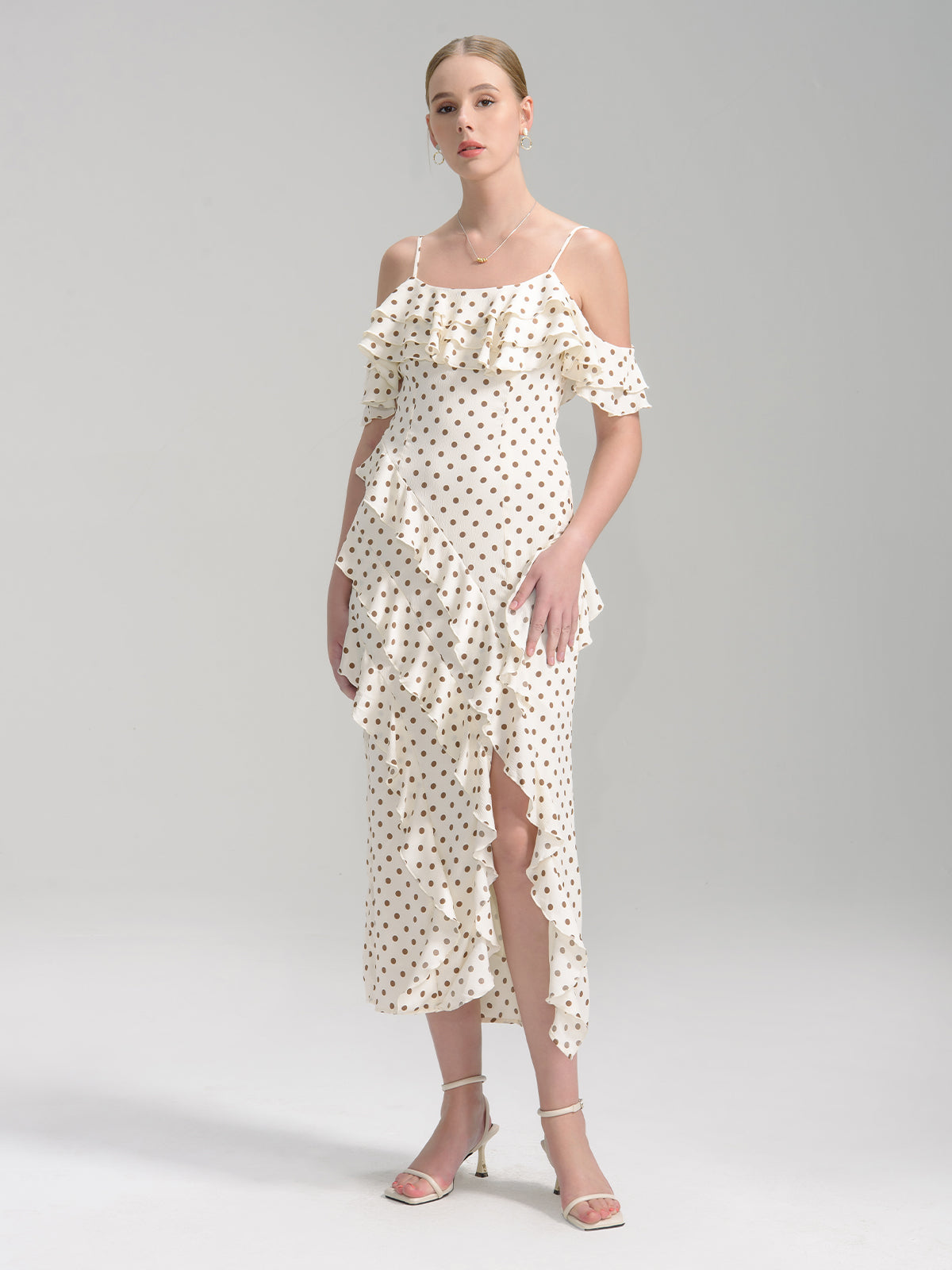 S·DEER white polka dot dress featuring a flattering silhouette with playful ruffle details, ideal for daytime events or beach vacations