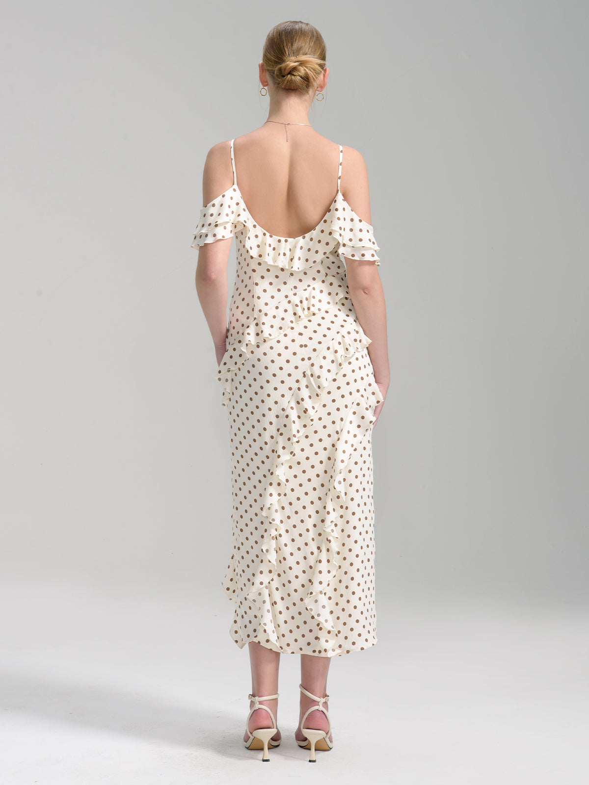 S·DEER white polka dot dress featuring a flattering silhouette with playful ruffle details