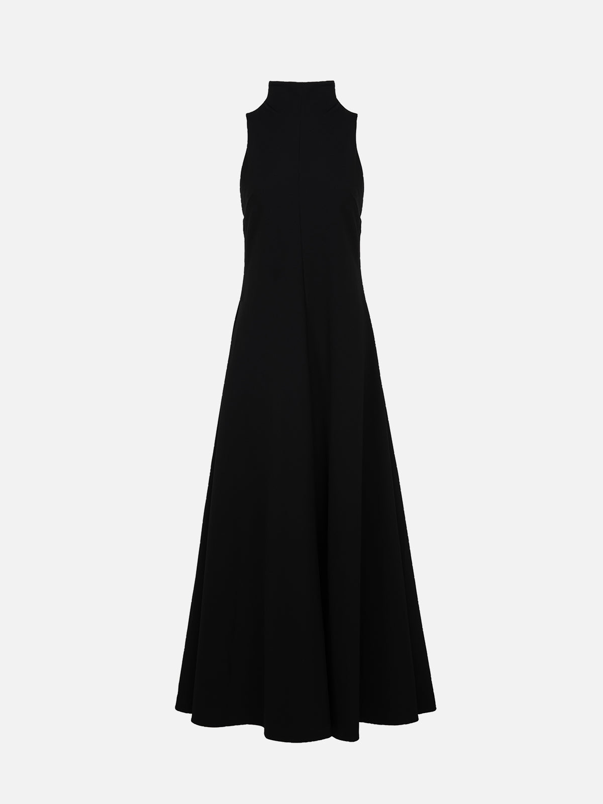 S·DEER black sleeveless long dress, highlighting its clean lines and elegant high neckline