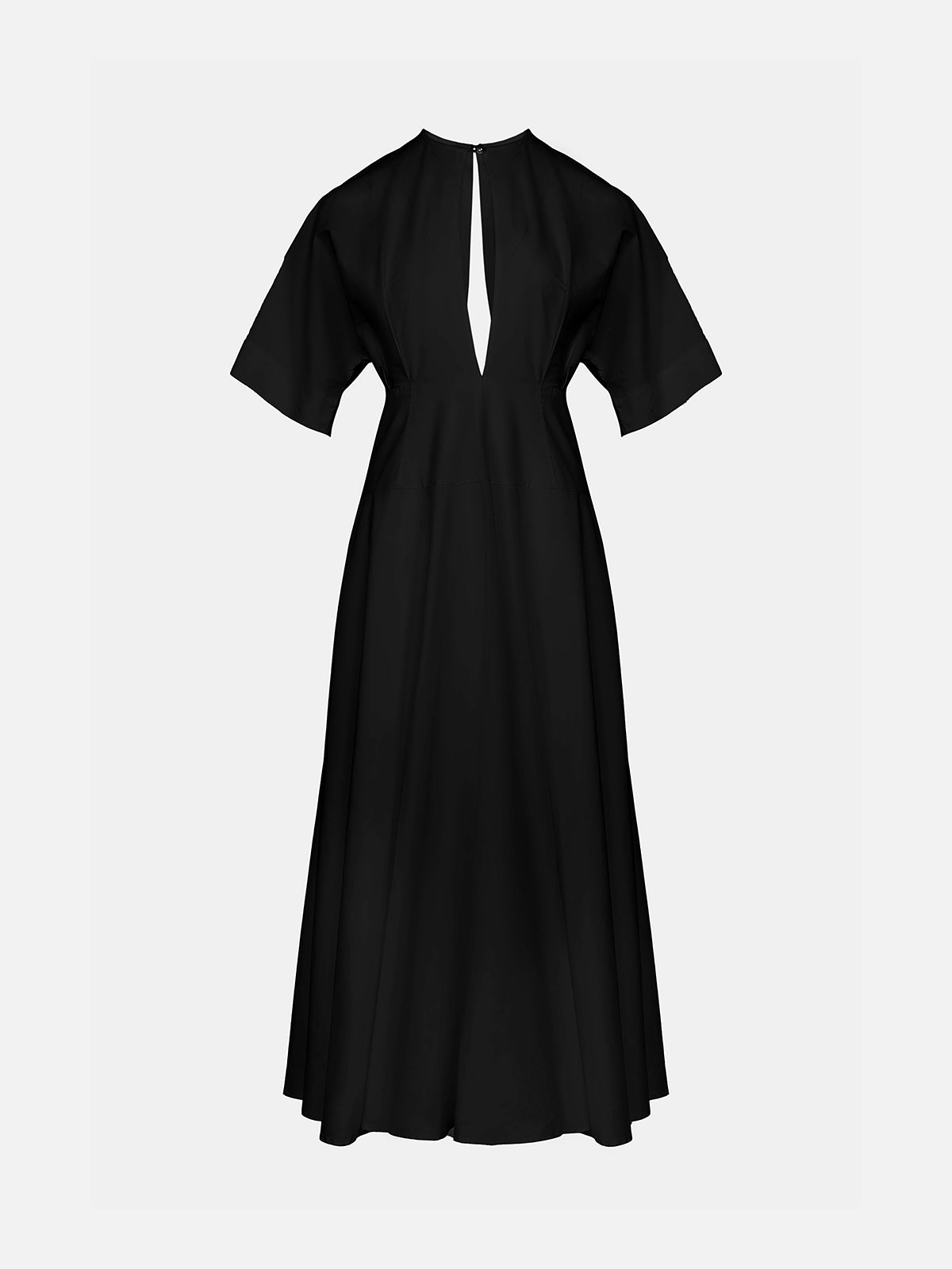 Black v-neck puff sleeve dress, showcasing its sleek design and luxurious fabric