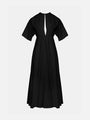 Black v-neck puff sleeve dress, showcasing its sleek design and luxurious fabric