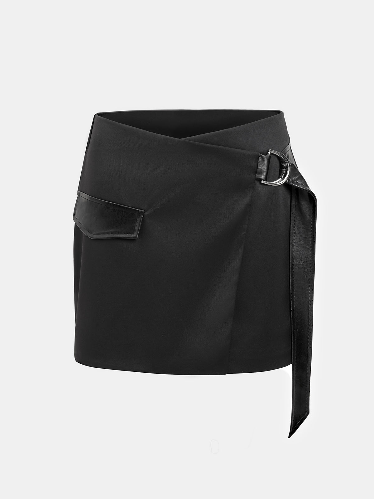 Black wrap mini skirt with side pockets and belted design