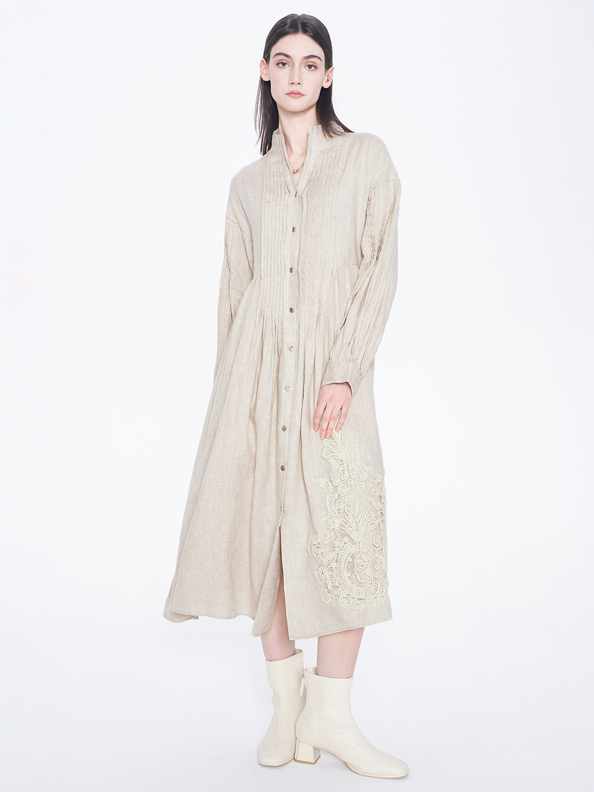 S·DEER linen button-front long sleeve maxi dress with pleated and embroidered details, flowy summer daily wear