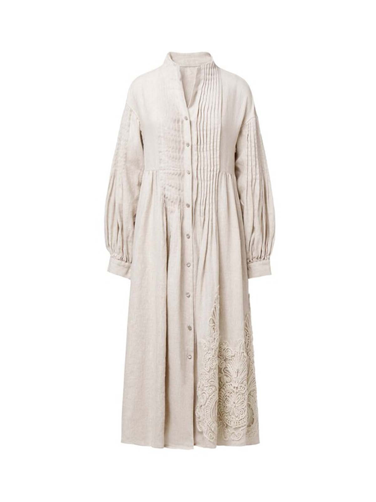S·DEER linen button-front long sleeve maxi dress with pleated and embroidered details