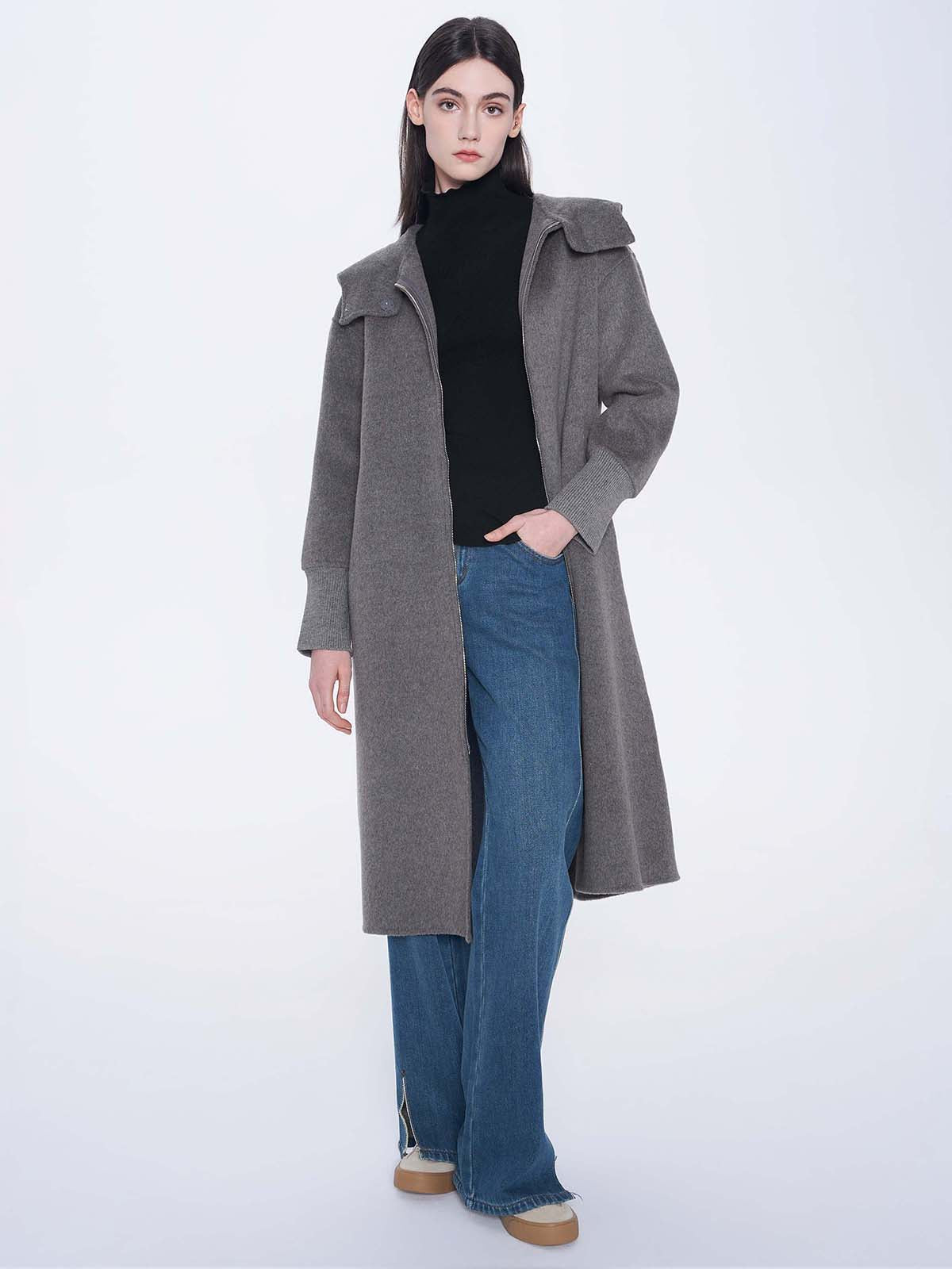 Zip Front Hooded Wool Coat