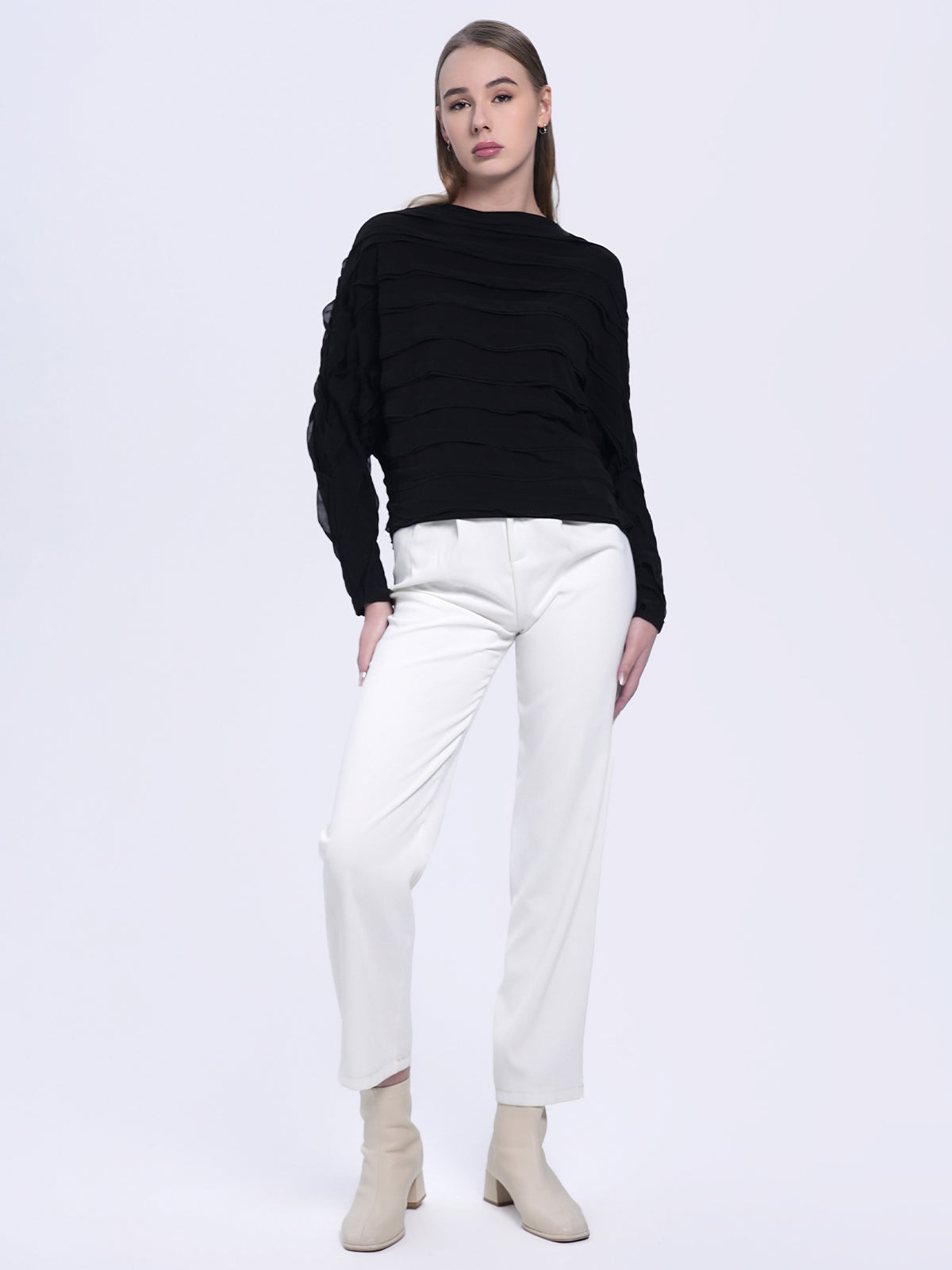 Elegant long-sleeve top featuring 3D wavy texture, lightweight fabric, and versatile design suitable for work, casual, or evening outfits