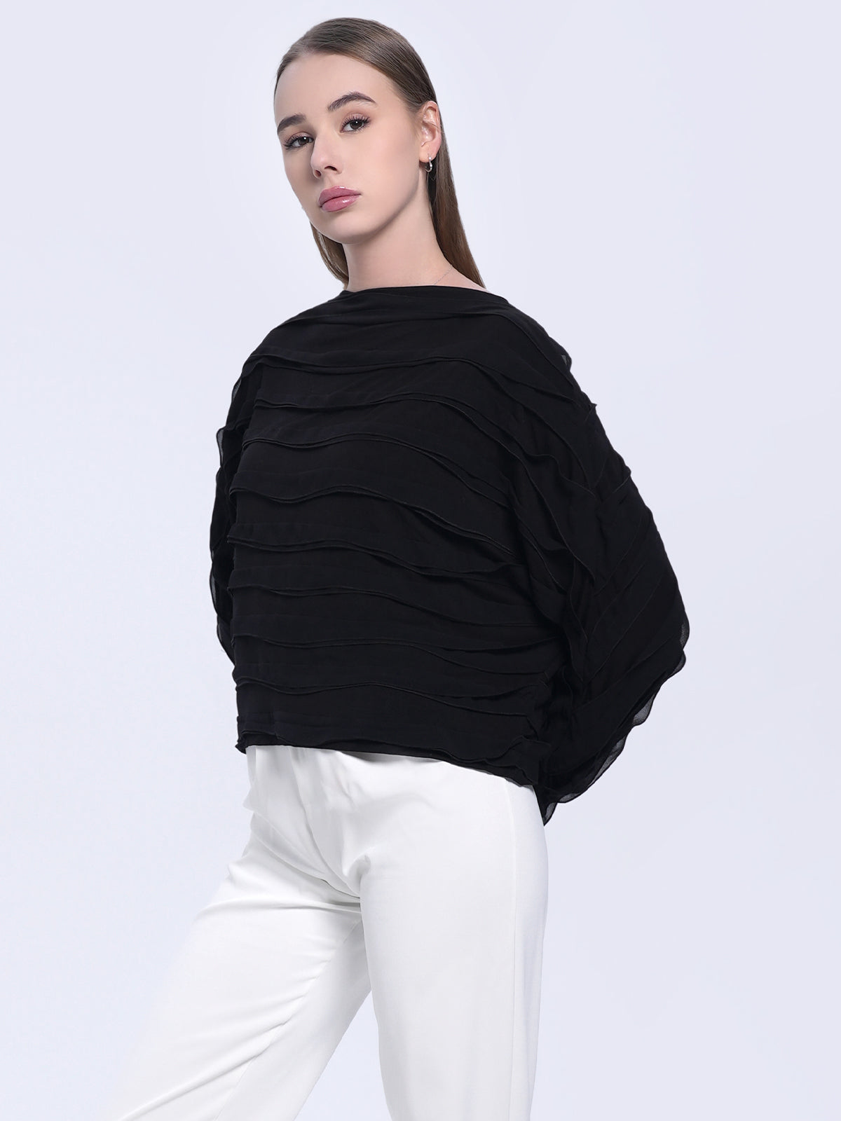 Elegant long-sleeve top featuring 3D wavy texture, lightweight fabric, and versatile design suitable for work, casual, or evening outfits