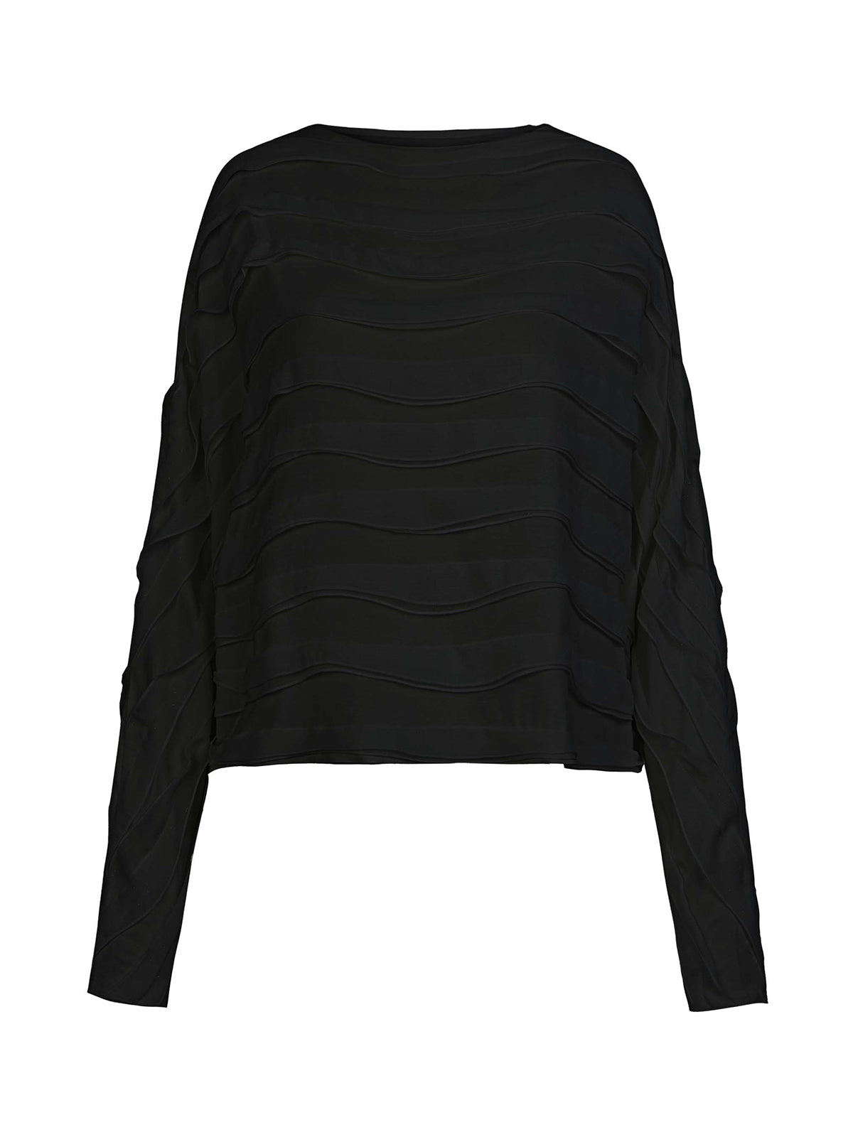 Black textured long-sleeve blouse with wavy layered design, loose fit, and modern minimalist style, perfect for elegant casual wear