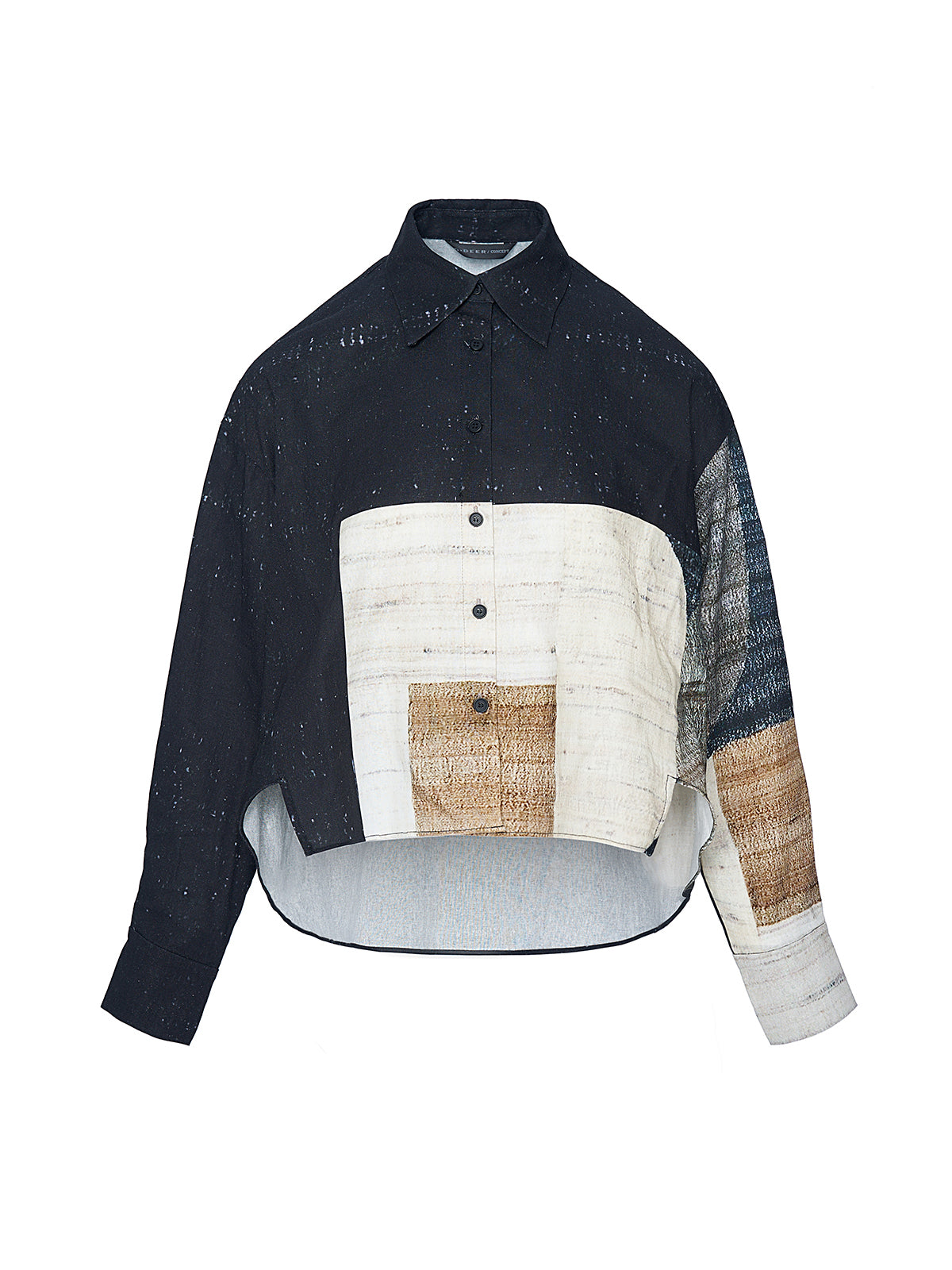 Unique color-block cropped blouse with long sleeves, crafted from textured fabric for a contemporary artistic look