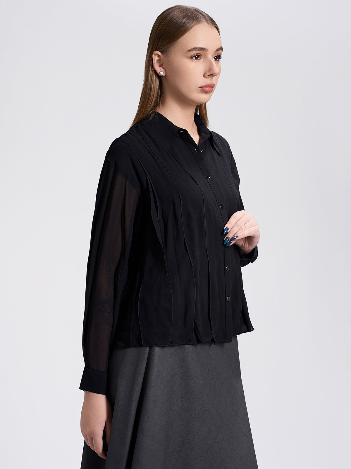 Lightweight chiffon pleated shirt with a flowy silhouette, ideal for a chic and polished look