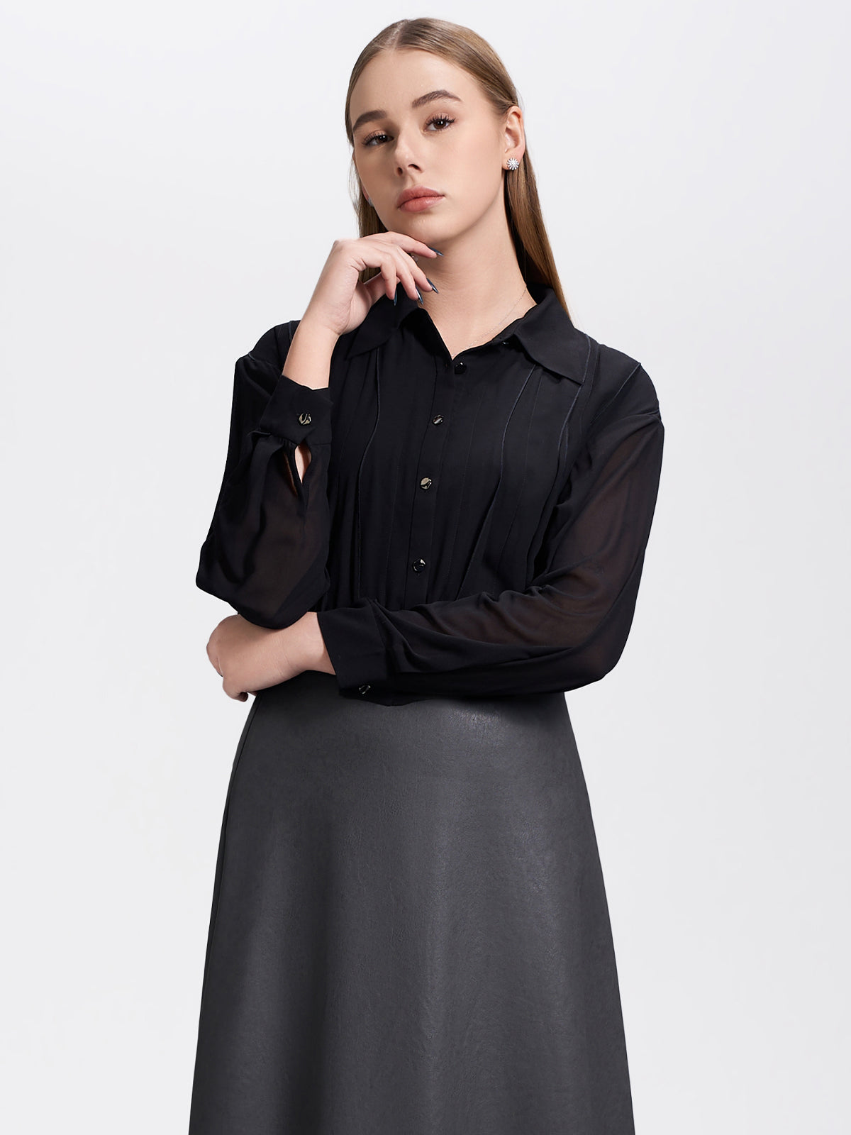 Lightweight chiffon pleated shirt with a flowy silhouette, ideal for a chic and polished look