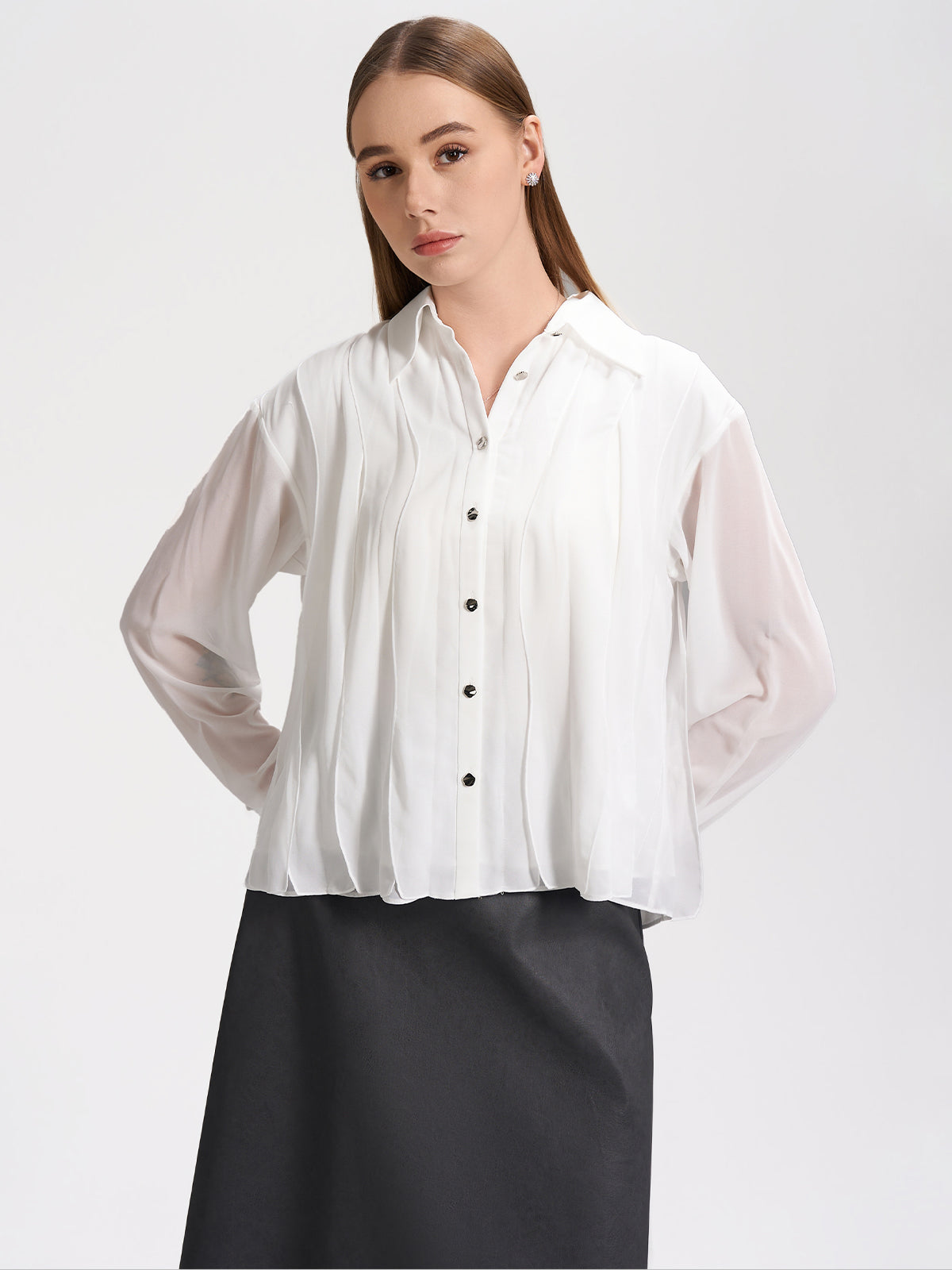 Lightweight chiffon pleated shirt with a flowy silhouette, ideal for a chic and polished look