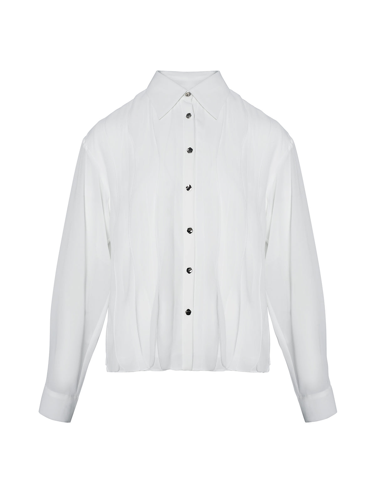 Elegant white pleated chiffon blouse with button-down front and classic collar, perfect for office and casual wear