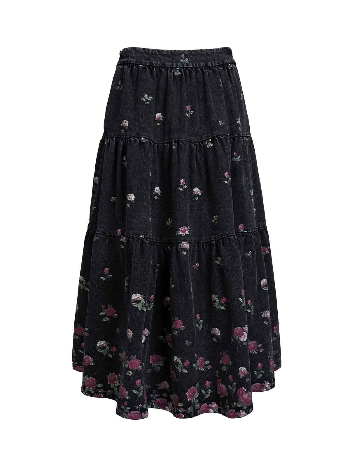 Women's vintage floral tiered midi skirt in black with an elastic waist