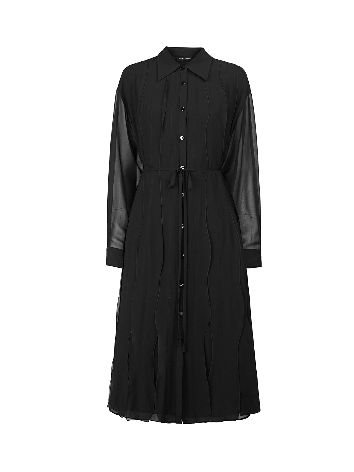 S·DEER black pleated shirt dress, highlighting its structured design with button-up detailing and pleated texture