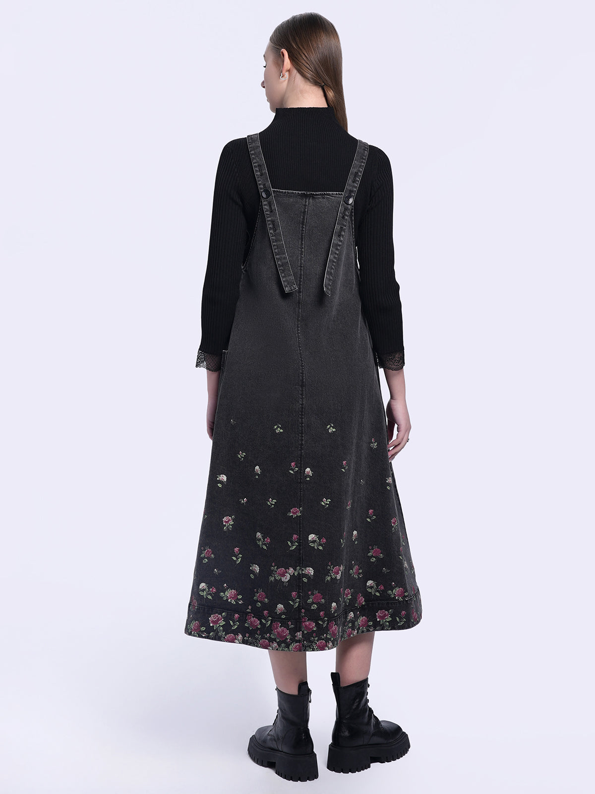 Floral Print Denim Overall Midi Dress