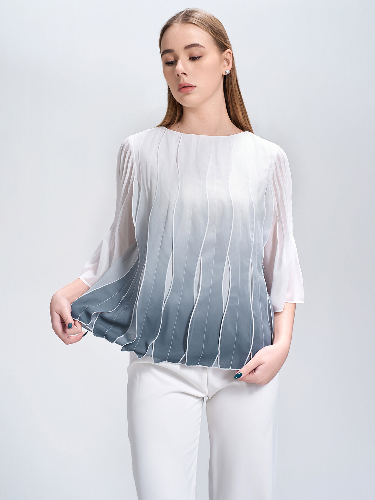 Elegant gradient chiffon top with wavy stripe details and bell sleeves, perfect for chic and breezy summer outfits