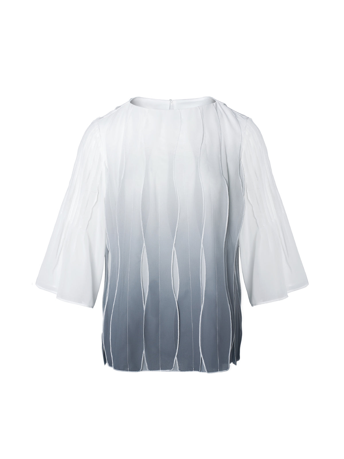 Women's ombre blouse with pleated texture and flared sleeves, featuring a gradient white-to-blue design for a sophisticated look