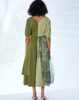 V-neck color block dress with mesh printed hem