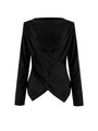 Elegant black long-sleeve blouse featuring a wrap-front detail and asymmetric hem, ideal for office or evening wear