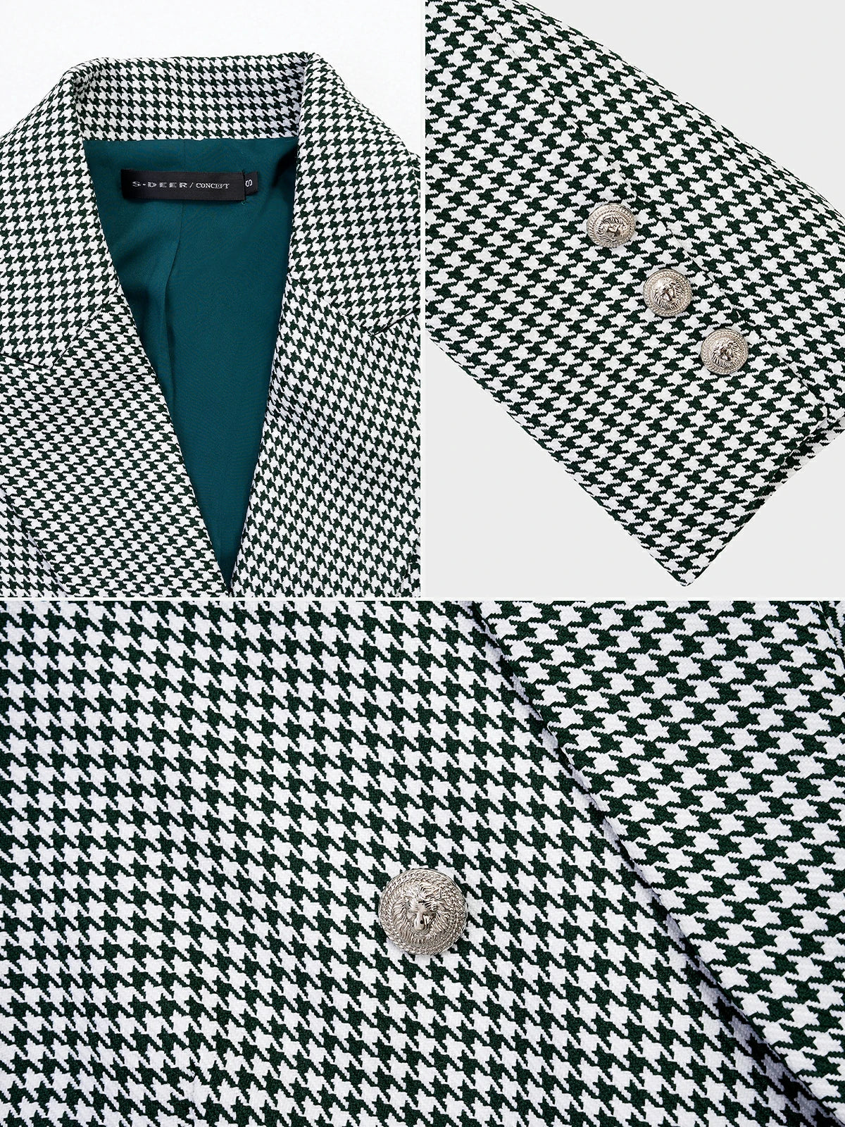 Step into elegance and style with this versatile green-toned houndstooth blazer, highlighting a refined design, padded shoulders, and a double-breasted silhouettee.