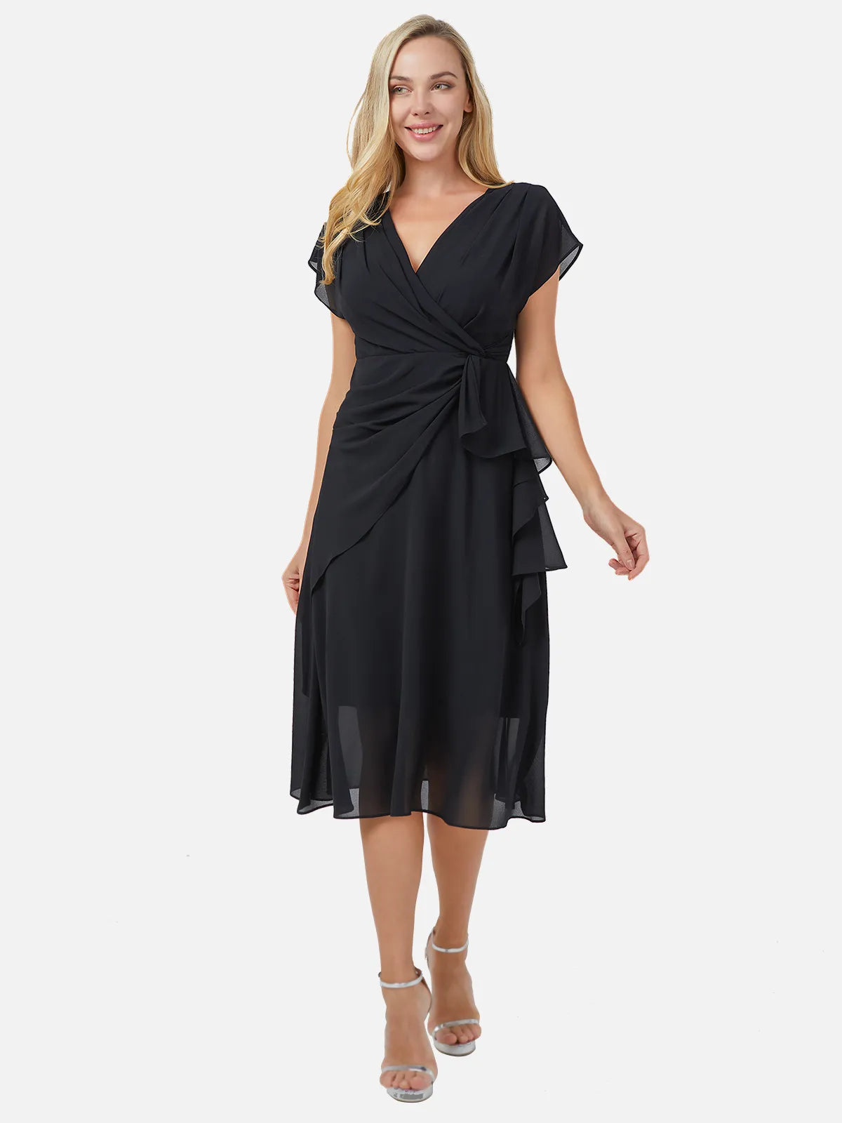 V-Neck Ruffled Waist Draped Dress