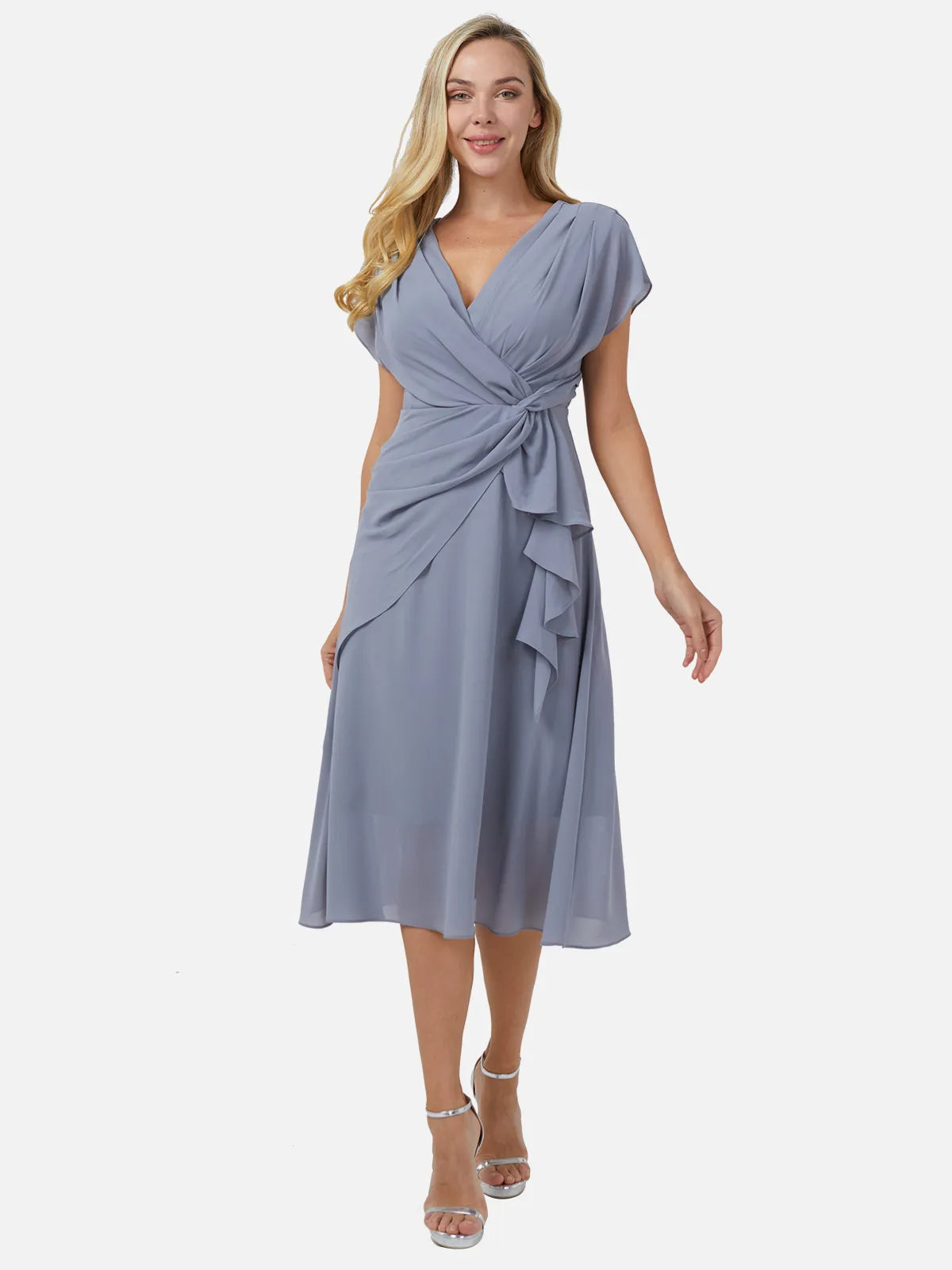 V-Neck Ruffled Waist Draped Dress