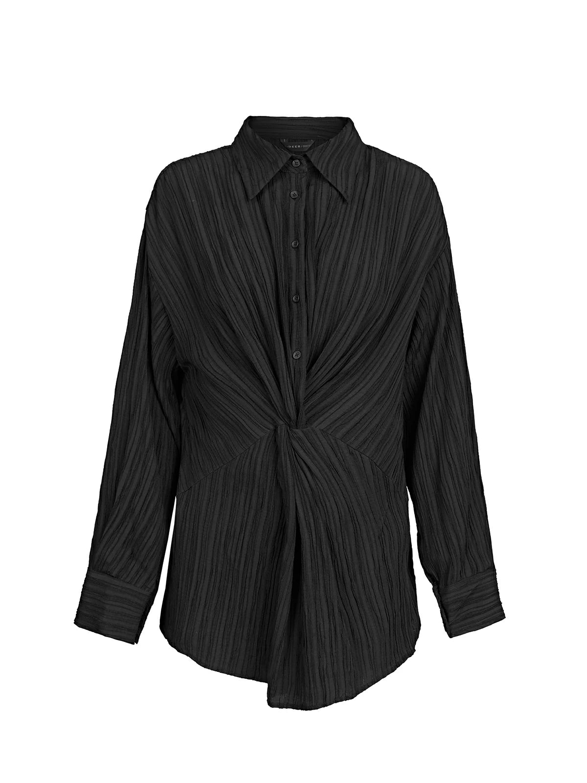 Unique charm emphasized in this black shirt with a front knot