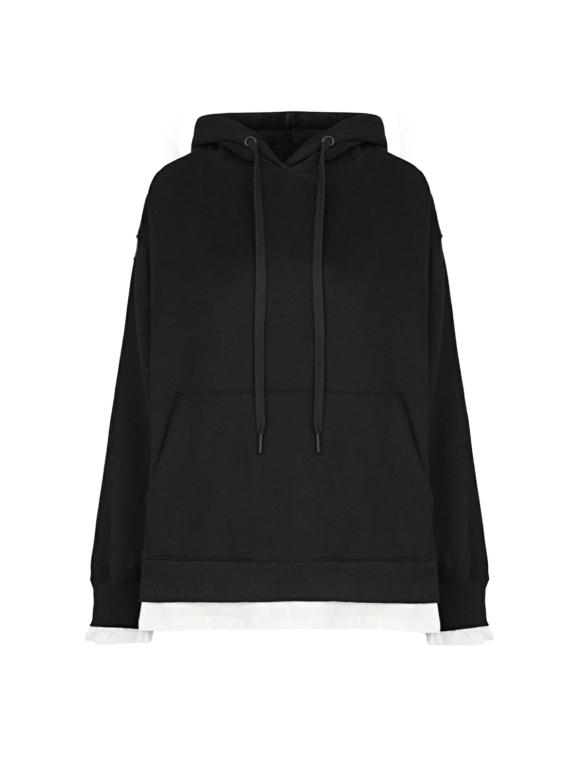 A trendy and fashionable ensemble with a black loose-fitting hooded sweatshirt 
