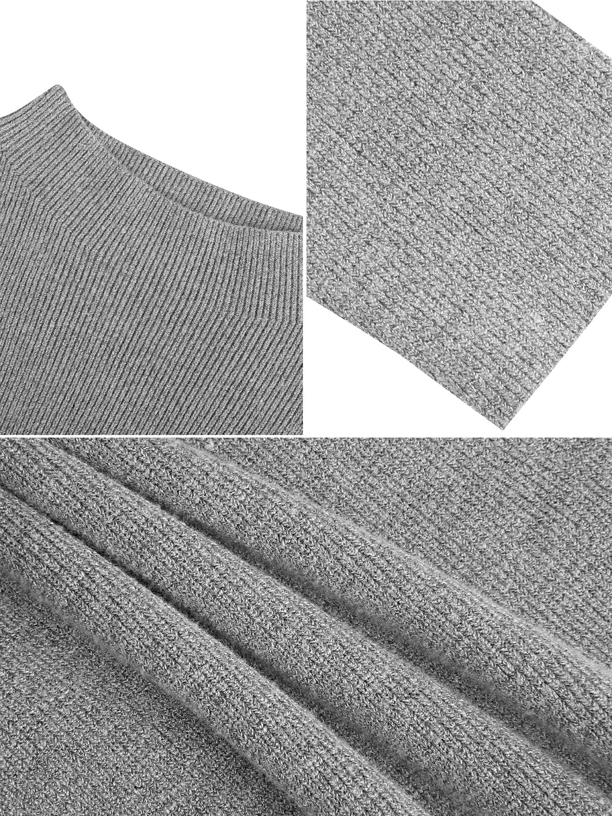 Distinctive style! Gray semi-turtleneck sweater with asymmetric  design, enchanting lace mesh embellishments, showcasing unique charm.