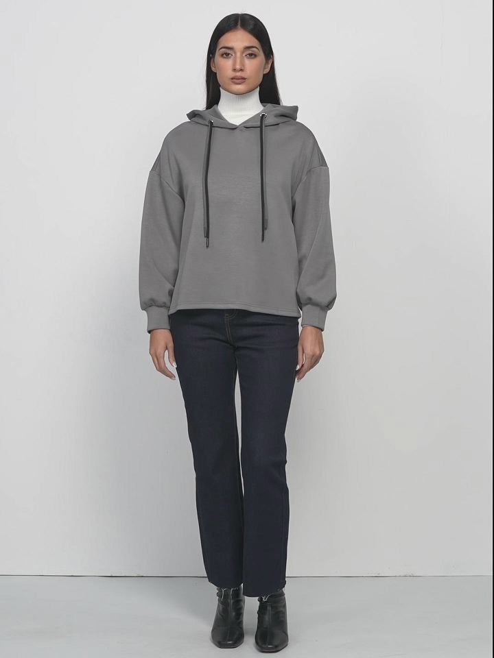Sporty Serenity: Grey Hooded Sweatshirt with Off-Shoulder Detailing, Ideal for Active Lifestyles