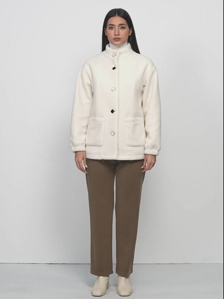 Classic Beige Fleece Jacket: Stand-up Collar and Slim Silhouette
