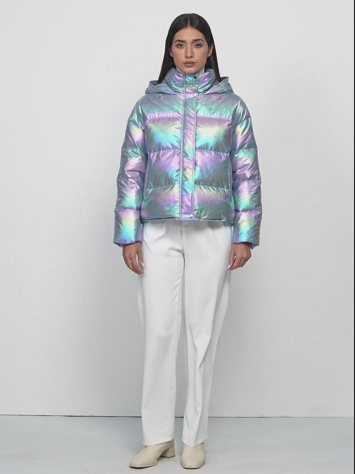 Make a statement with this head-turning outerwear featuring an iridescent sheen and a hood that can be adjusted for a personalized fit.