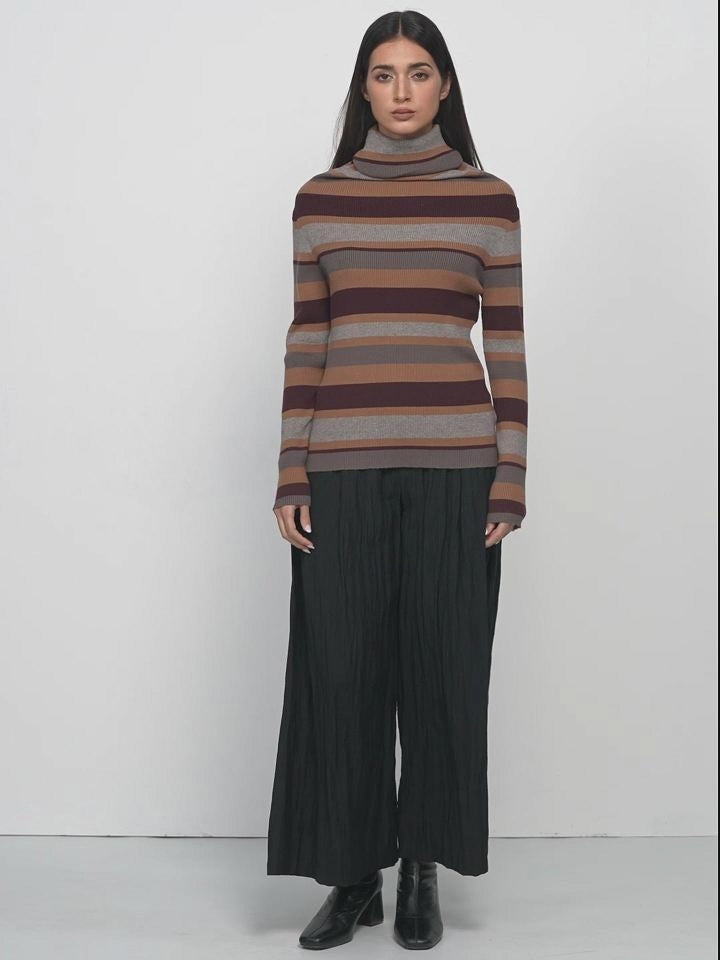 Elevate your winter wardrobe with this chic knit sweater, featuring on-trend color-blocking and a cozy turtleneck for a stylish seasonal look.