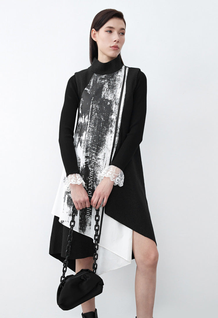 SDEER Stitching Irregular Woolen Sleeveless Dress - S·DEER