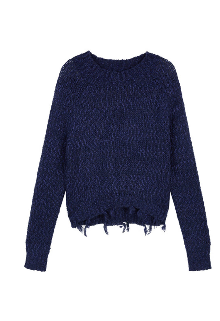 SDEER Round Neck Tassels Distressed Long-sleeved Blue Sweater - S·DEER