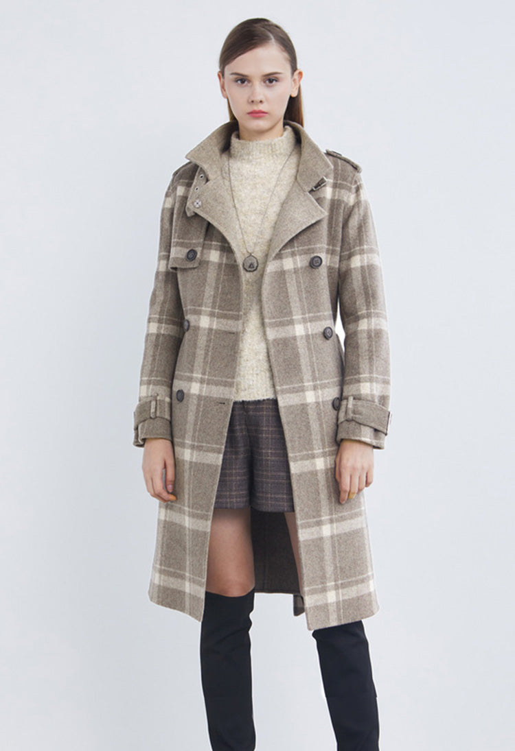 SDEER Stand-up Collar Check Double-breasted Waist Long Woolen Coat - S·DEER