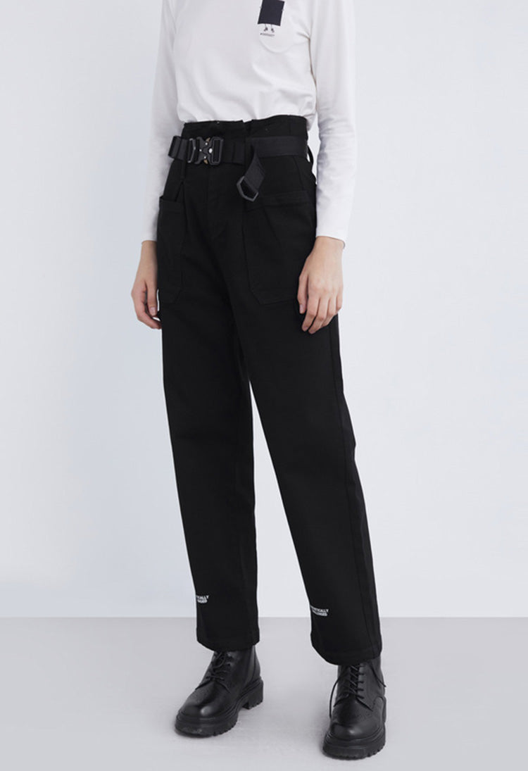 SDEER Fashion Pleated High-waisted Letter Print Straight Black Trousers - S·DEER