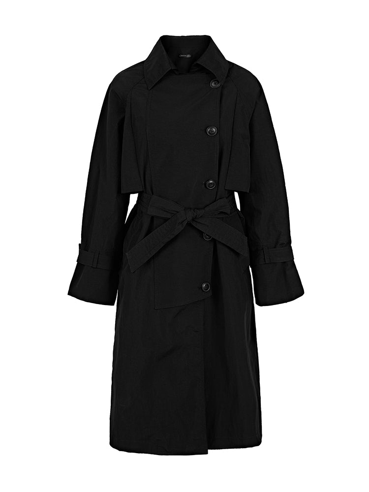 S.DEER Single-breasted Long Trench Coat with Lapels and Waist - S·DEER