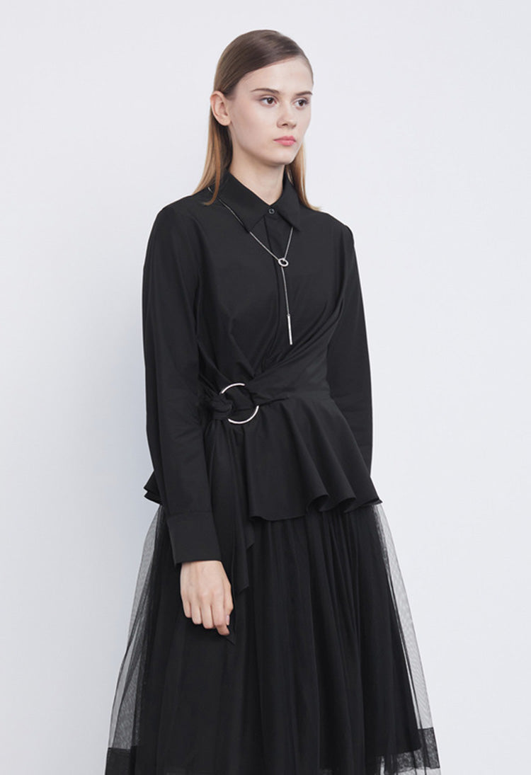 SDEER Casual Lapel Waist Irregular Long-sleeved Black Shirt - S·DEER