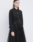 SDEER Casual Lapel Waist Irregular Long-sleeved Black Shirt - S·DEER