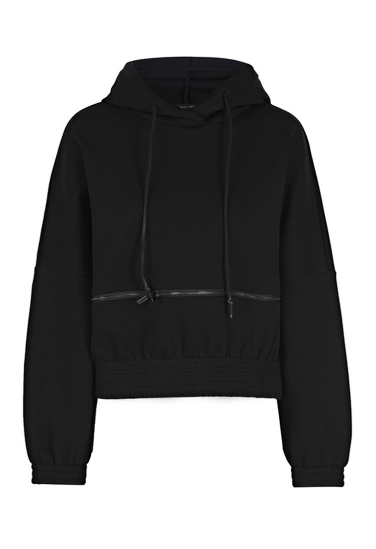 Women&#39;s drawstring hooded zipper stitching short sweater jacket S21462209 - S·DEER