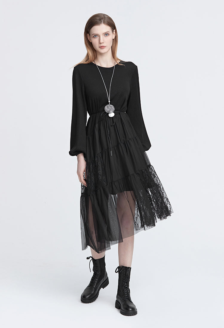 S.DEER  Fashion Crew Neck Waist Mesh Lace Long Sleeve Dress - S·DEER