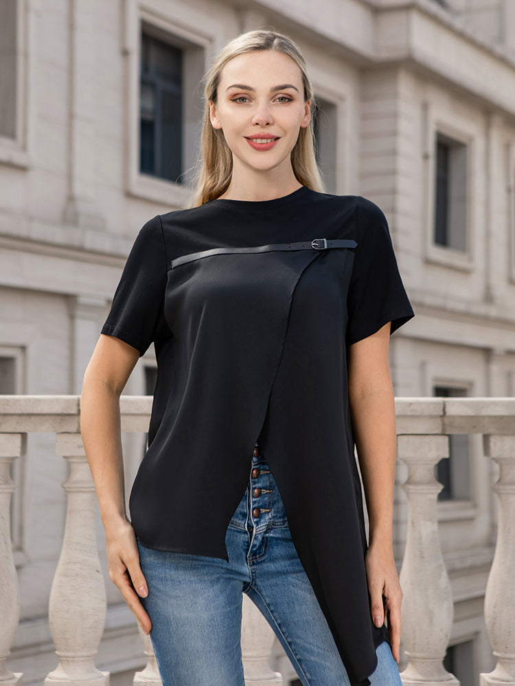 PU Strap Irregular Split Hem T-Shirt